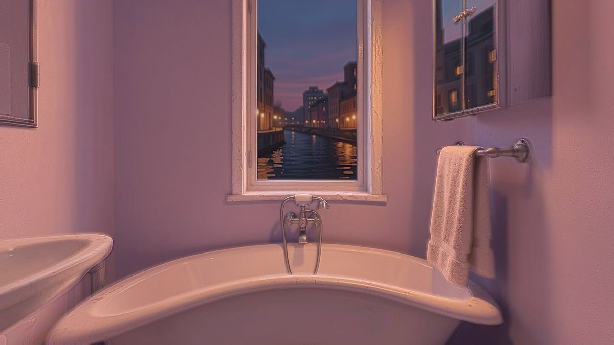A generated bathroom with a bathtub, sink and a window looking out over a city at dusk.