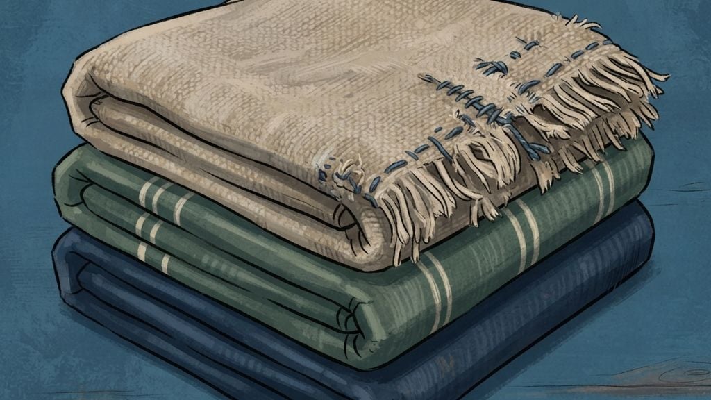 A loot card showing a neatly folded stack of blankets rendered like a legendary item.