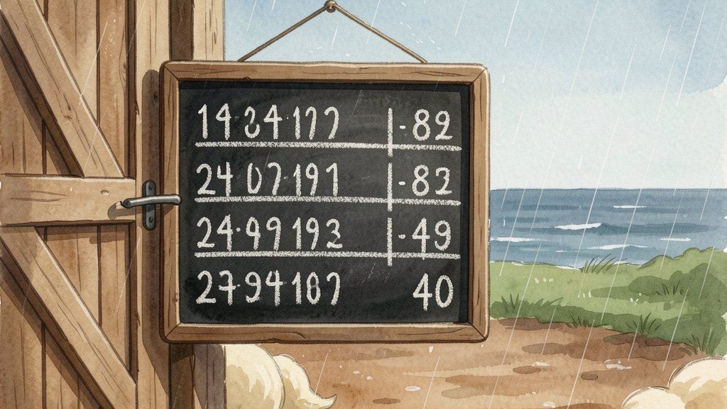A chalkboard covered in nonsensical numbers, hanging outside a barn by the sea in the rain.