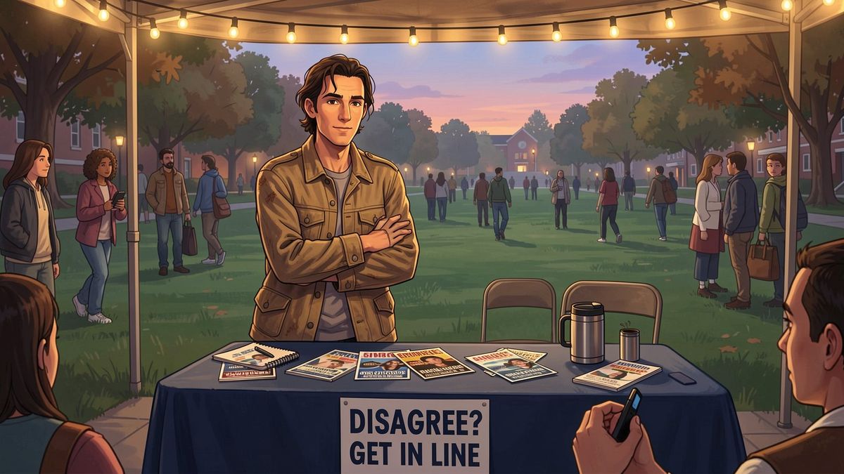 A man standing behind a folding table on a campus lawn with a sign reading DISAGREE? GET IN LINE.