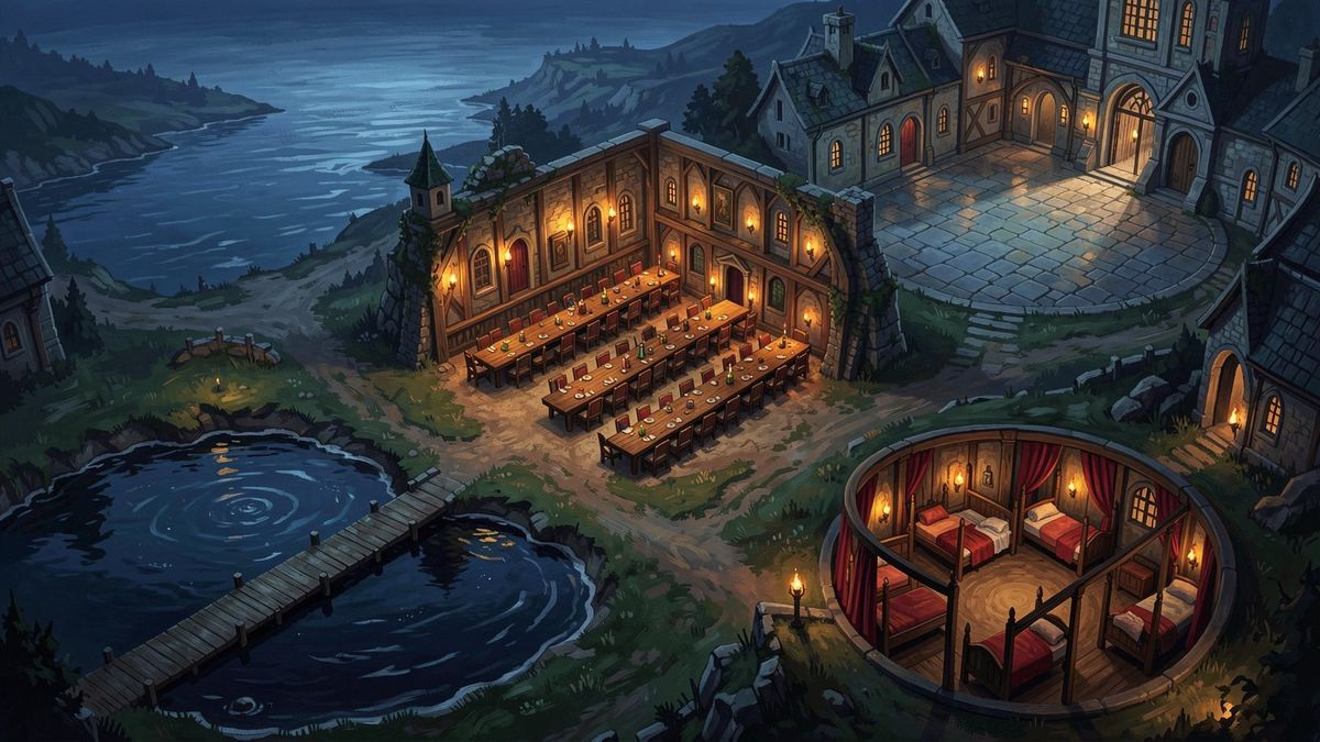 An illustrated top-down fantasy map of a coastal stronghold at night with long banquet tables and lit windows.