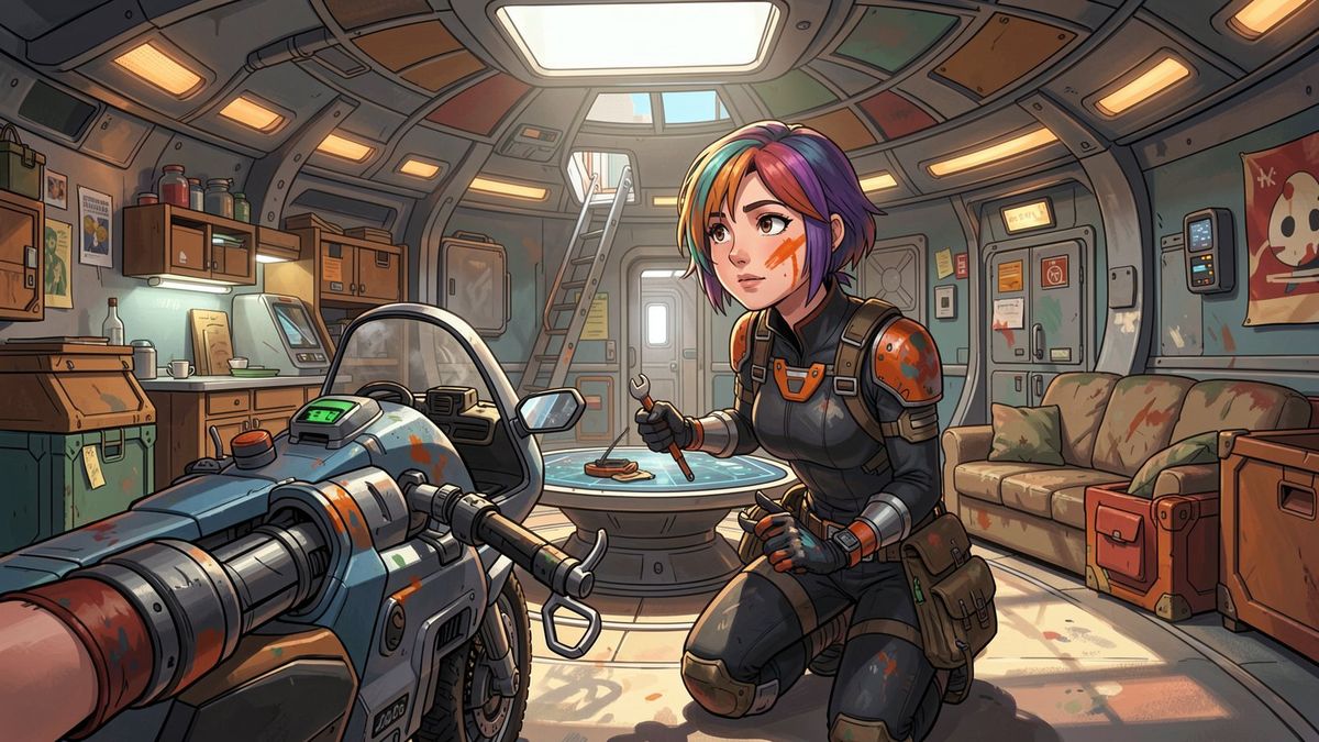 A rainbow-haired mechanic kneeling beside a futuristic bike inside a ship cabin, in a bright cel-shaded style.