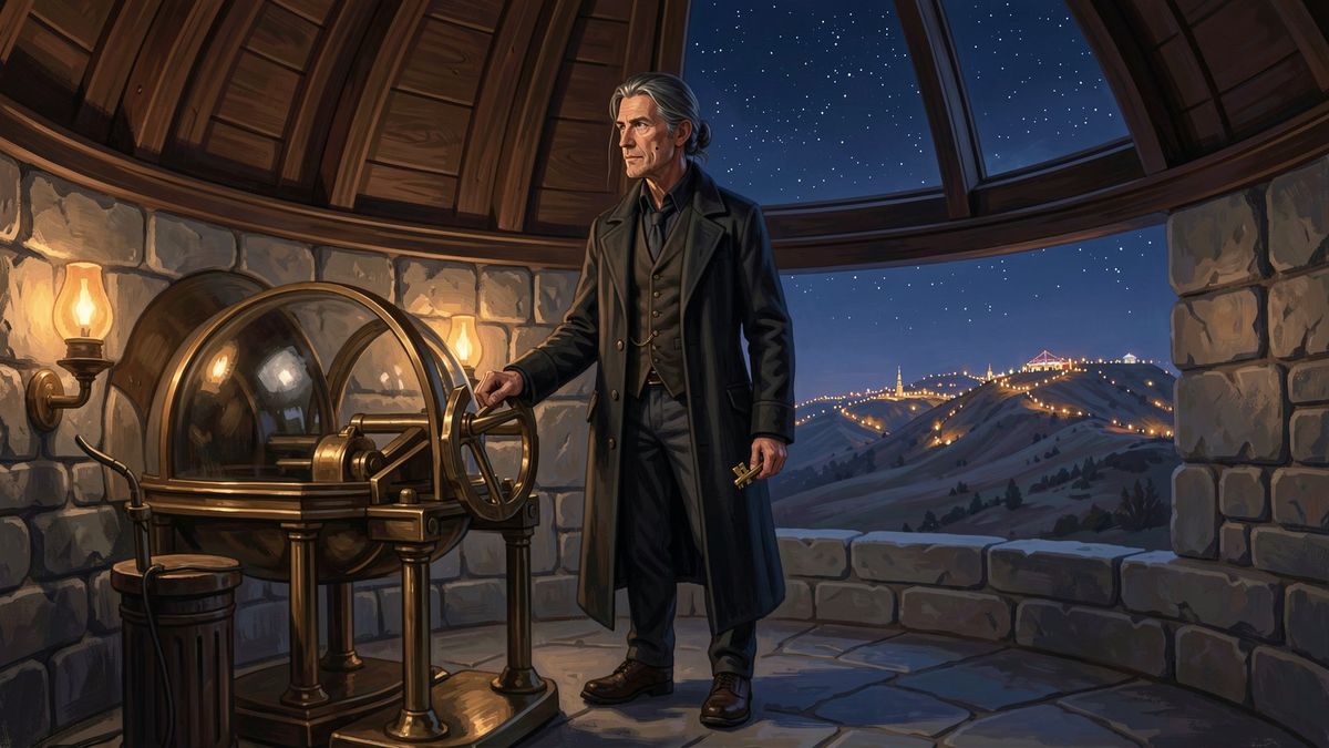 A man in a long coat beside brass instruments in a stone observatory, overlooking hills lit with distant lights at night.