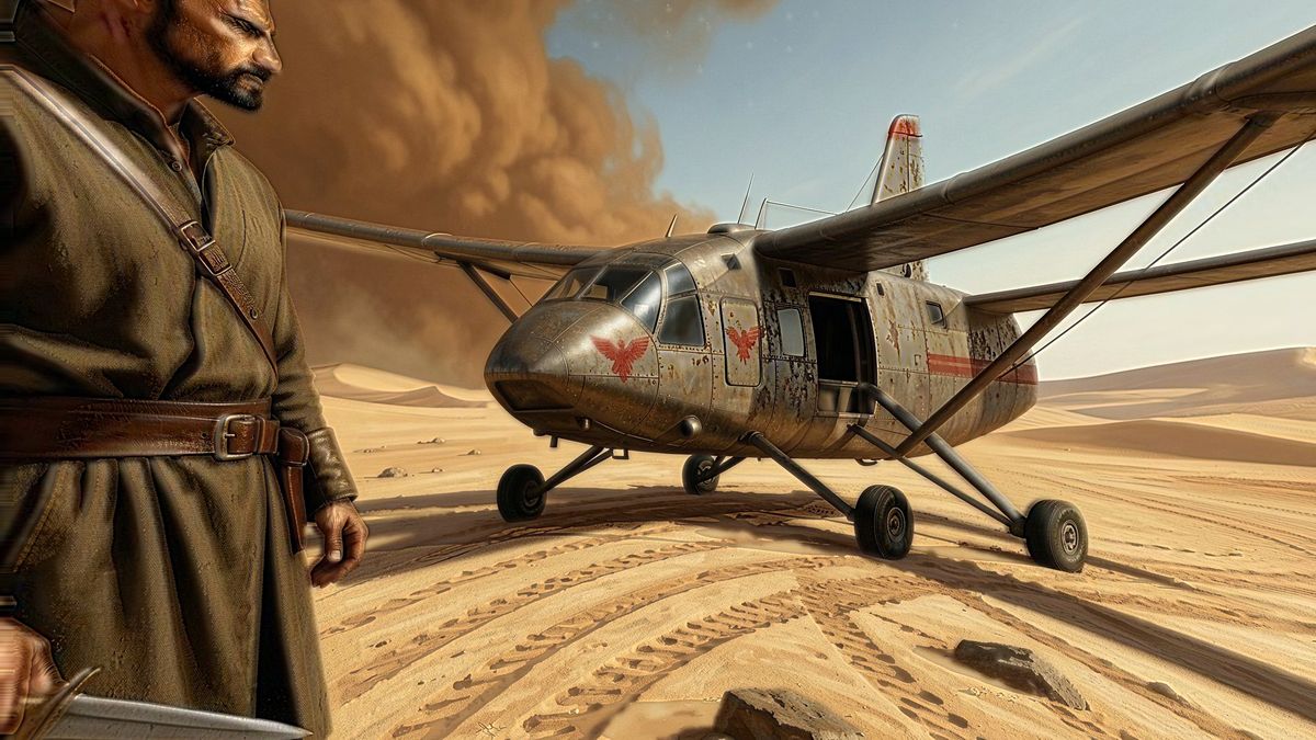 A robed figure with a sword standing beside a battered propeller plane in a desert sandstorm.