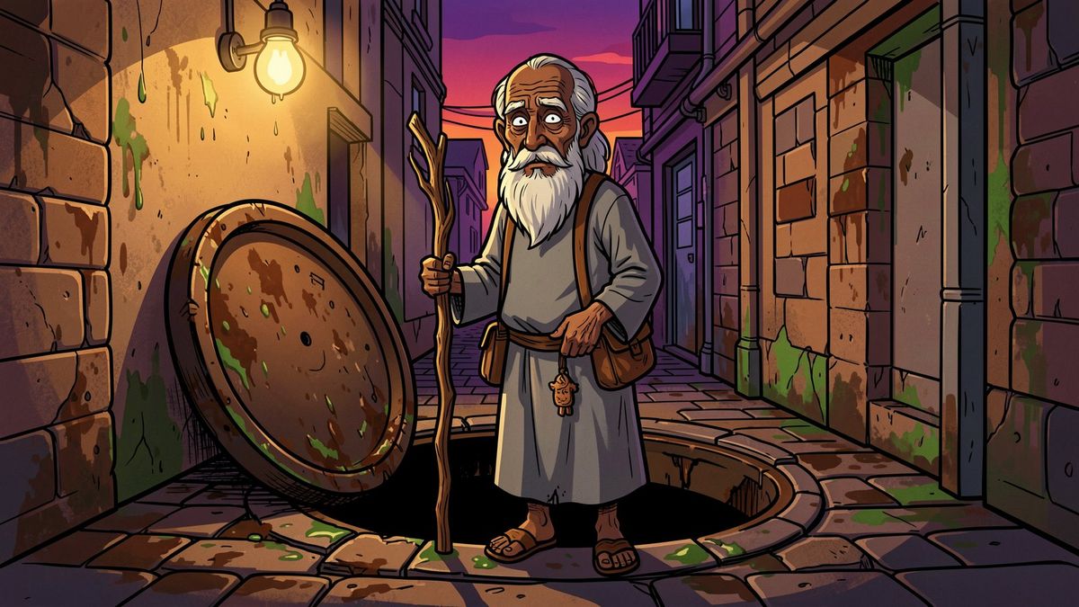 A cartoon-style elderly man in robes standing beside an open manhole in a neon-lit alley.