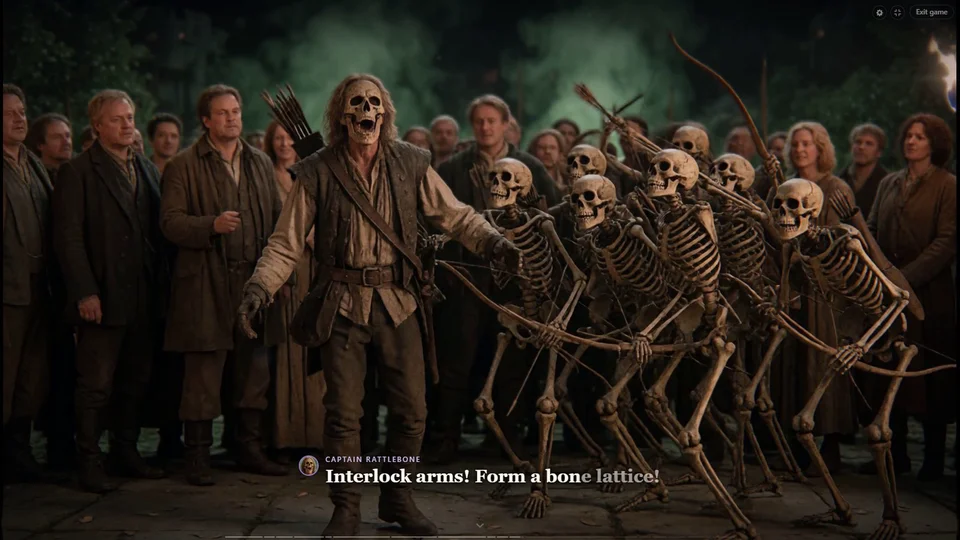Gameplay: a voiced line, with the speaker named on screen (Human Resources for the Dark Lord).