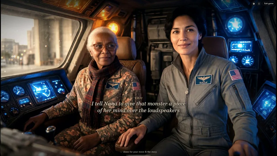 Gameplay: the line the player typed appears over the scene it became (Nana Pilots the Giant Robot).
