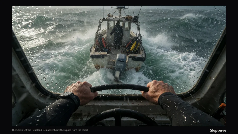 The Corvo Off the Headland (sea adventure): the squall, from the wheel. Painted by AI during play.