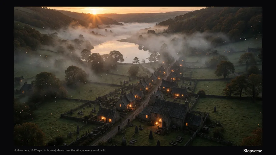 Hollowmere, 1887 (gothic horror): dawn over the village. Painted by AI during play.