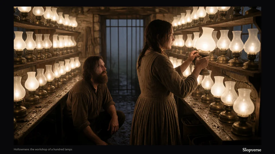 Hollowmere: the workshop of a hundred lamps. Painted by AI during play.