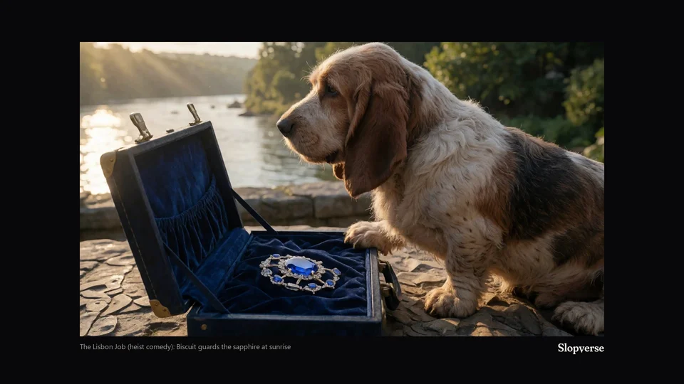 The Lisbon Job (heist comedy): Biscuit guards the sapphire at sunrise. Painted by AI during play.