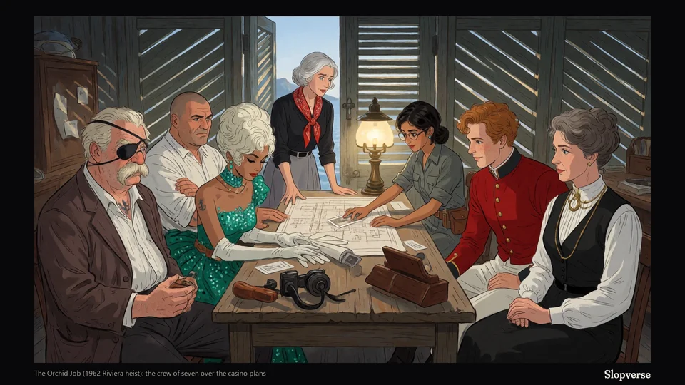 The Orchid Job (1962 Riviera heist): the crew over the casino plans. Painted by AI during play.